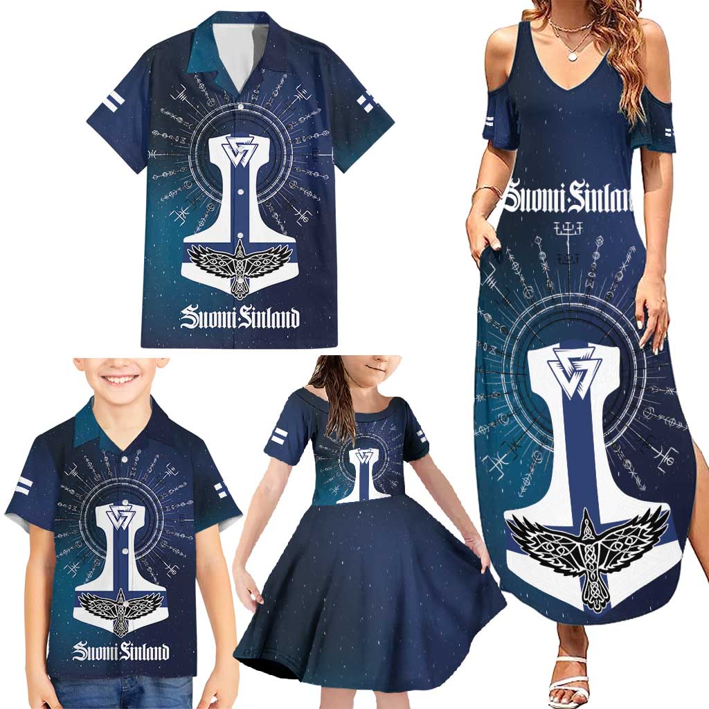 Personalized Finland Drakkar Vikings Family Matching Summer Maxi Dress and Hawaiian Shirt Suomi Flag Viking Thor Runes