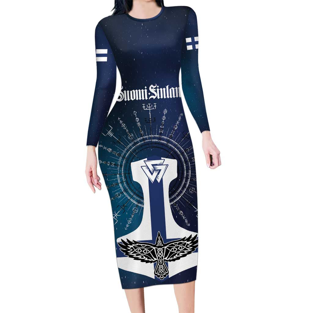 Personalized Finland Drakkar Vikings Long Sleeve Bodycon Dress Suomi Flag Viking Thor Runes