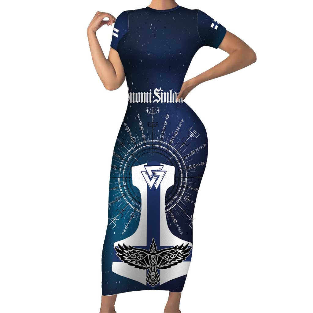Personalized Finland Drakkar Vikings Short Sleeve Bodycon Dress Suomi Flag Viking Thor Runes