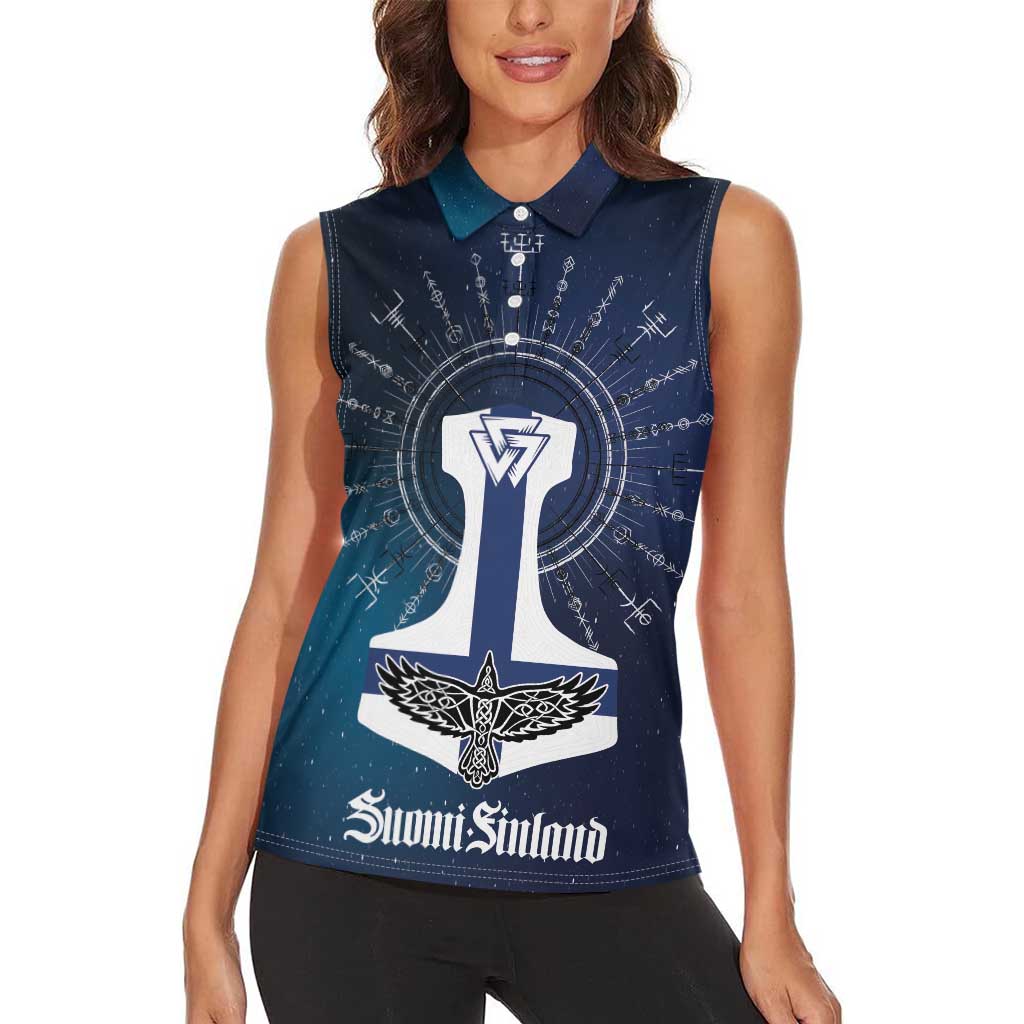 Personalized Finland Drakkar Vikings Women Sleeveless Polo Shirt Suomi Flag Viking Thor Runes