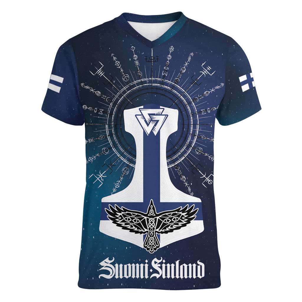 Personalized Finland Drakkar Vikings Women V-Neck T-Shirt Suomi Flag Viking Thor Runes