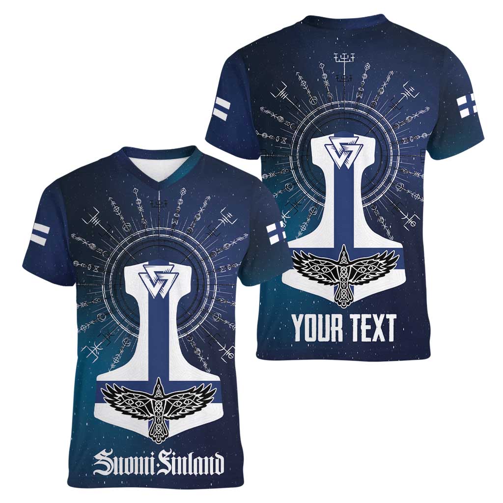 Personalized Finland Drakkar Vikings Women V-Neck T-Shirt Suomi Flag Viking Thor Runes