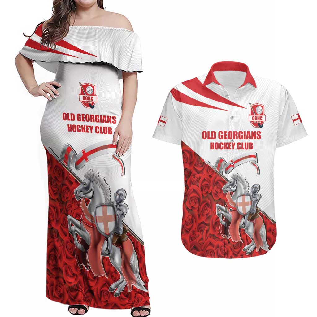 Custom England Field Hockey Champions Couples Matching Off Shoulder Maxi Dress and Hawaiian Shirt Old Georgians Hockey Club Sporty Style