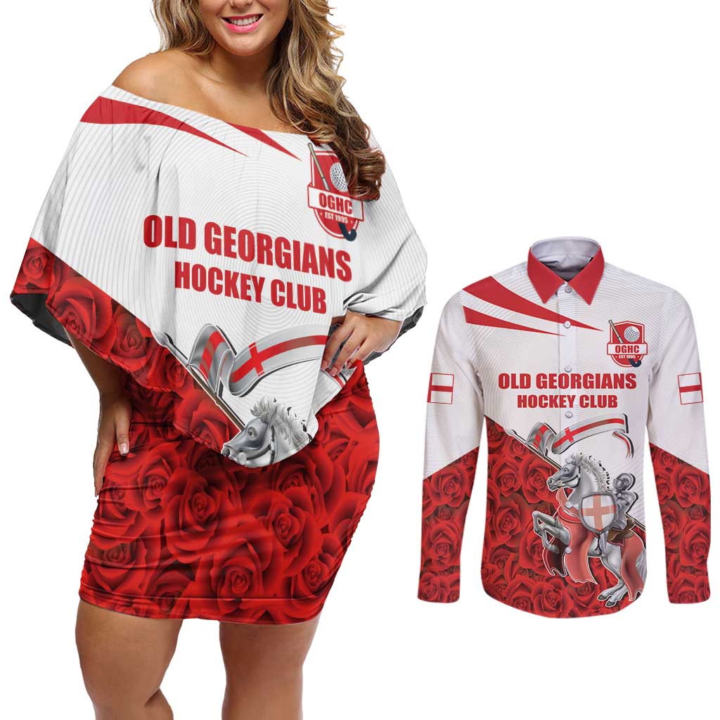 Custom England Field Hockey Champions Couples Matching Off Shoulder Short Dress and Long Sleeve Button Shirt Old Georgians Hockey Club Sporty Style
