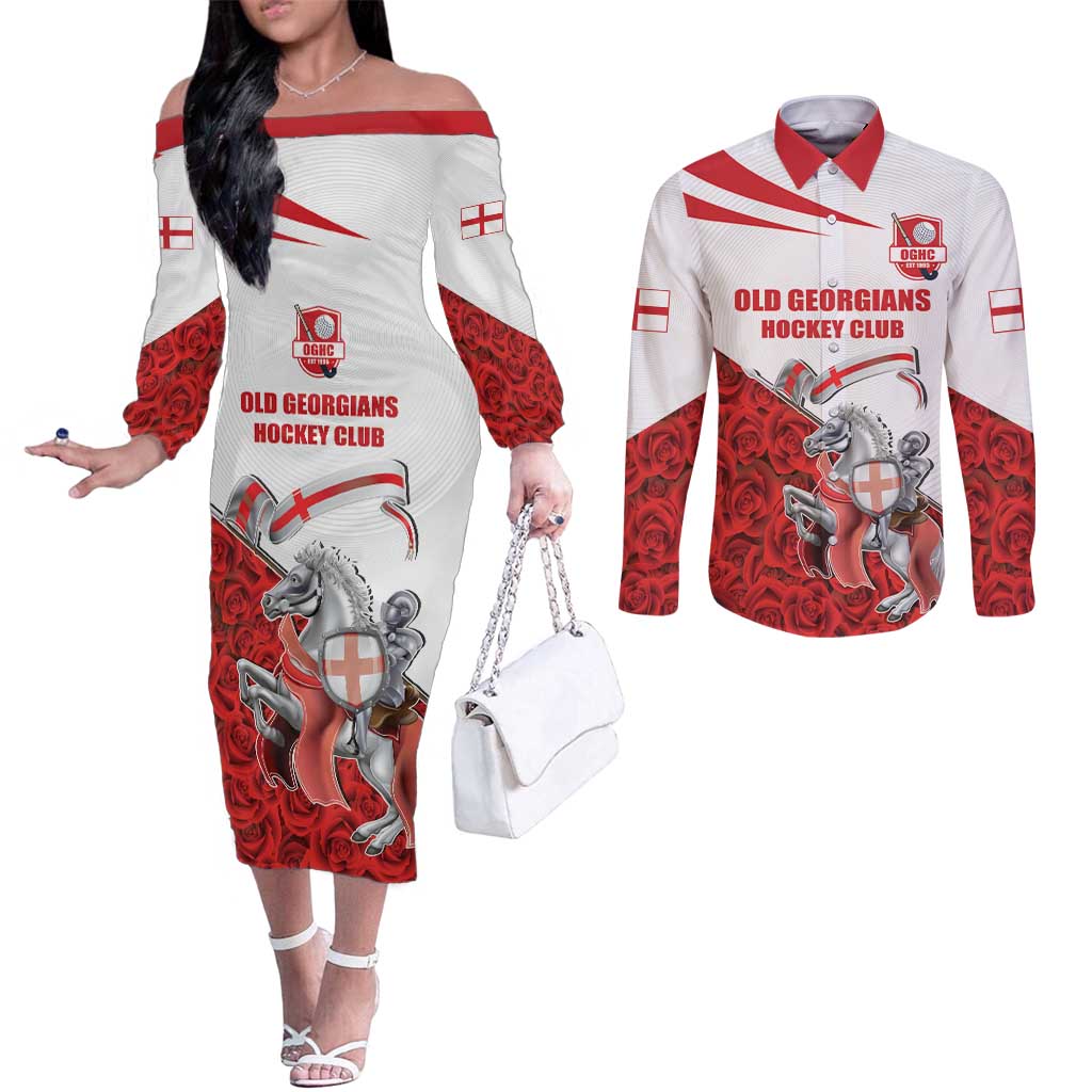 Custom England Field Hockey Champions Couples Matching Off The Shoulder Long Sleeve Dress and Long Sleeve Button Shirt Old Georgians Hockey Club Sporty Style