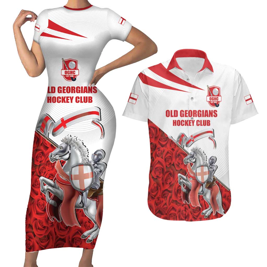 Custom England Field Hockey Champions Couples Matching Short Sleeve Bodycon Dress and Hawaiian Shirt Old Georgians Hockey Club Sporty Style