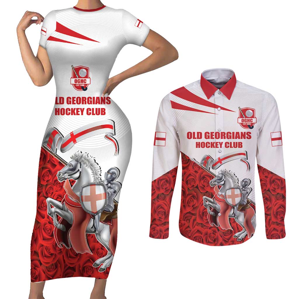 Custom England Field Hockey Champions Couples Matching Short Sleeve Bodycon Dress and Long Sleeve Button Shirt Old Georgians Hockey Club Sporty Style