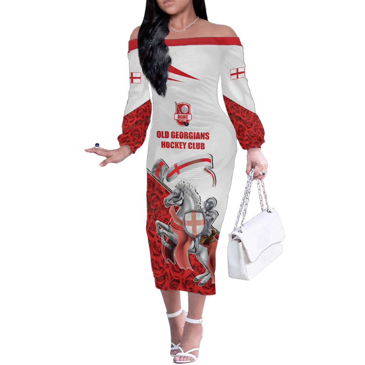 Custom England Field Hockey Champions Family Matching Off The Shoulder Long Sleeve Dress and Hawaiian Shirt Old Georgians Hockey Club Sporty Style