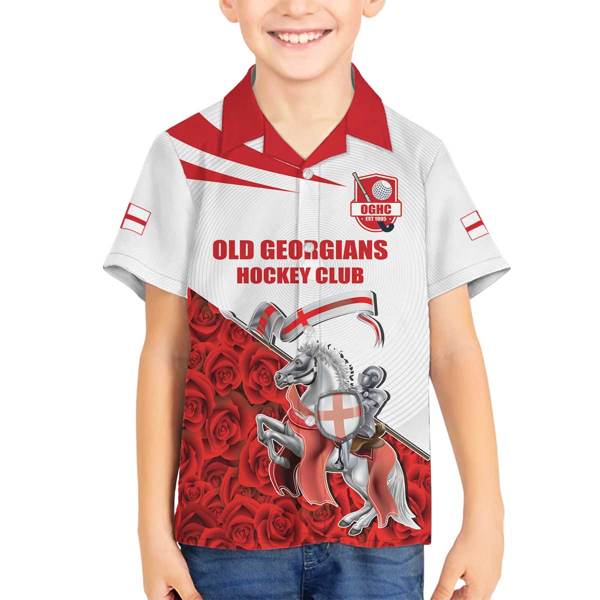 Custom England Field Hockey Champions Family Matching Off The Shoulder Long Sleeve Dress and Hawaiian Shirt Old Georgians Hockey Club Sporty Style