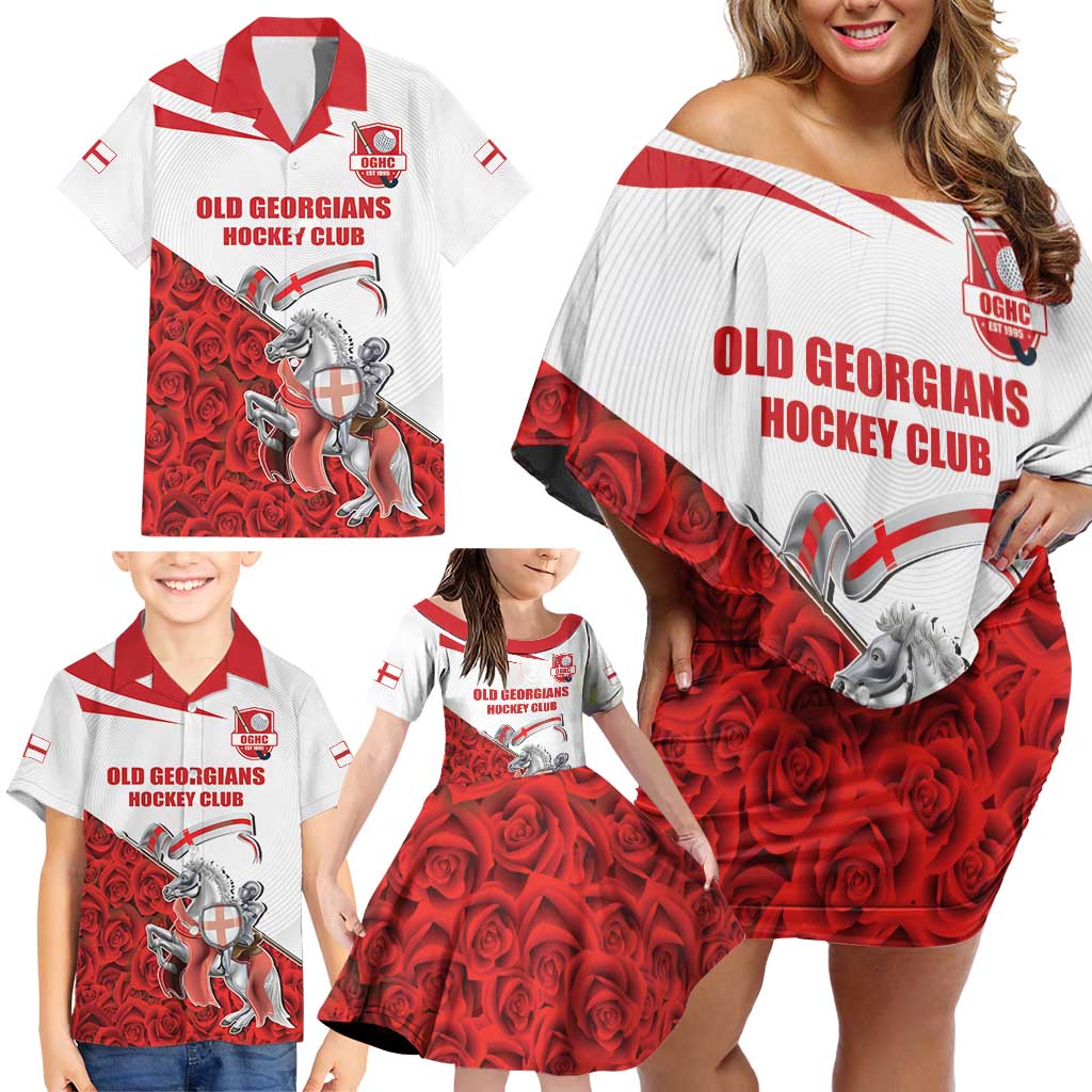 Custom England Field Hockey Champions Family Matching Off Shoulder Short Dress and Hawaiian Shirt Old Georgians Hockey Club Sporty Style