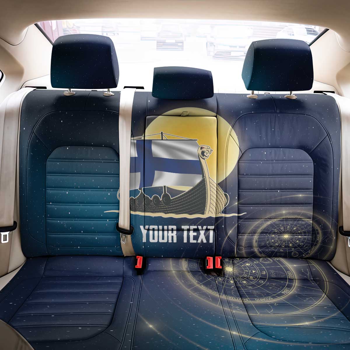 Personalized Finland Drakkar Vikings Back Car Seat Cover Longships with Vegvisir