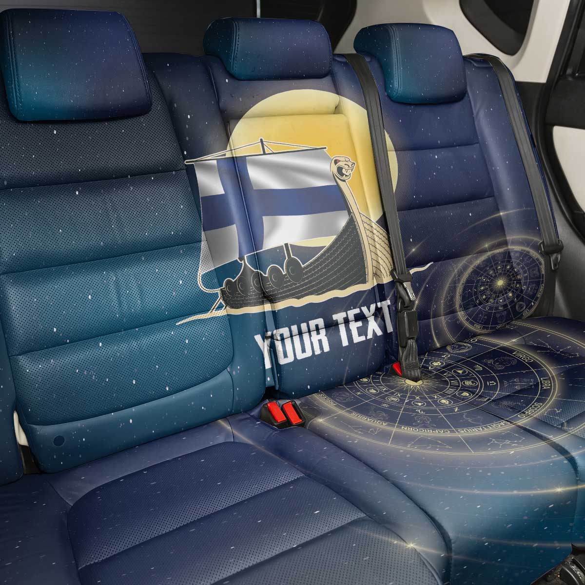 Personalized Finland Drakkar Vikings Back Car Seat Cover Longships with Vegvisir