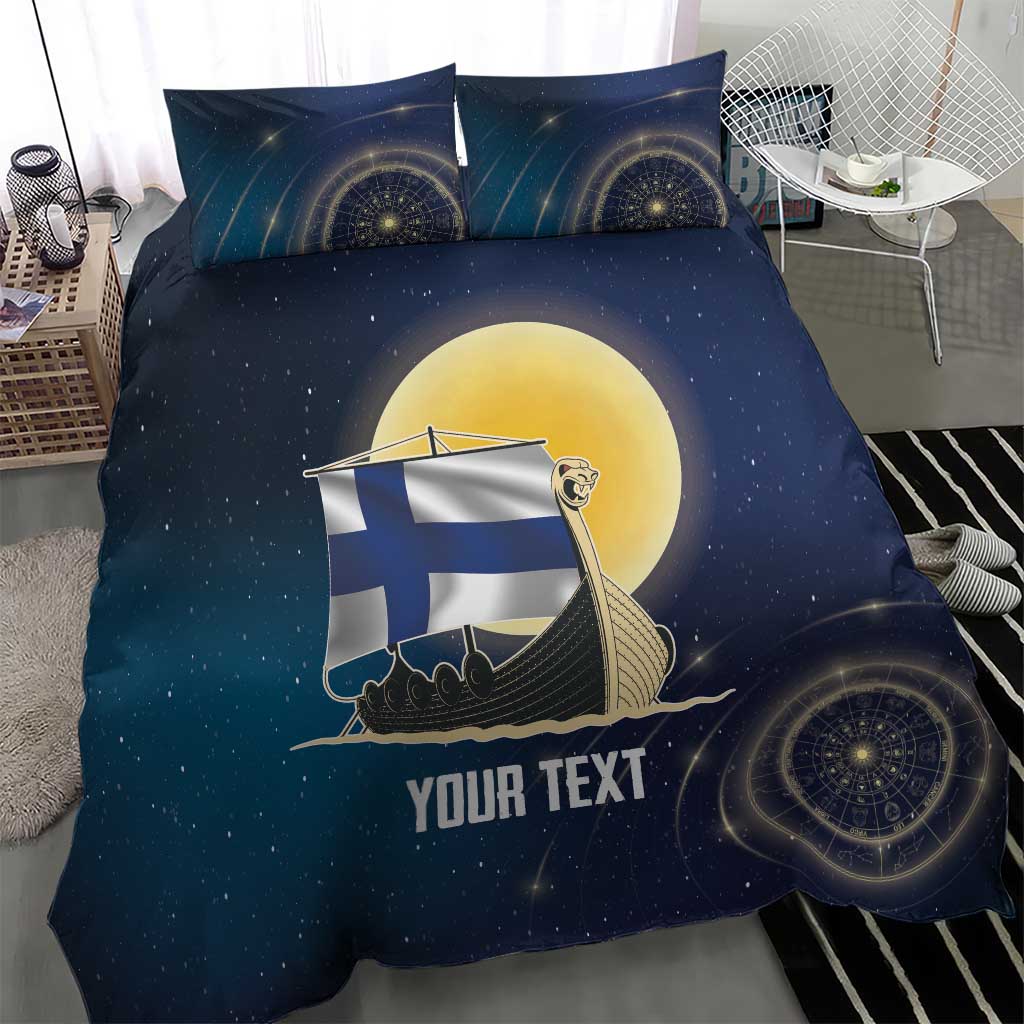 Personalized Finland Drakkar Vikings Bedding Set Longships with Vegvisir