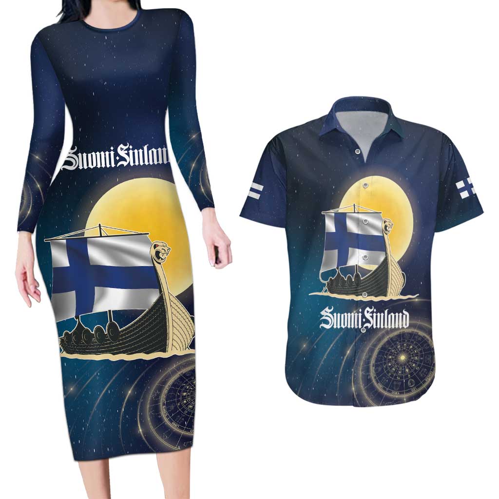 Personalized Finland Drakkar Vikings Couples Matching Long Sleeve Bodycon Dress and Hawaiian Shirt Longships with Vegvisir