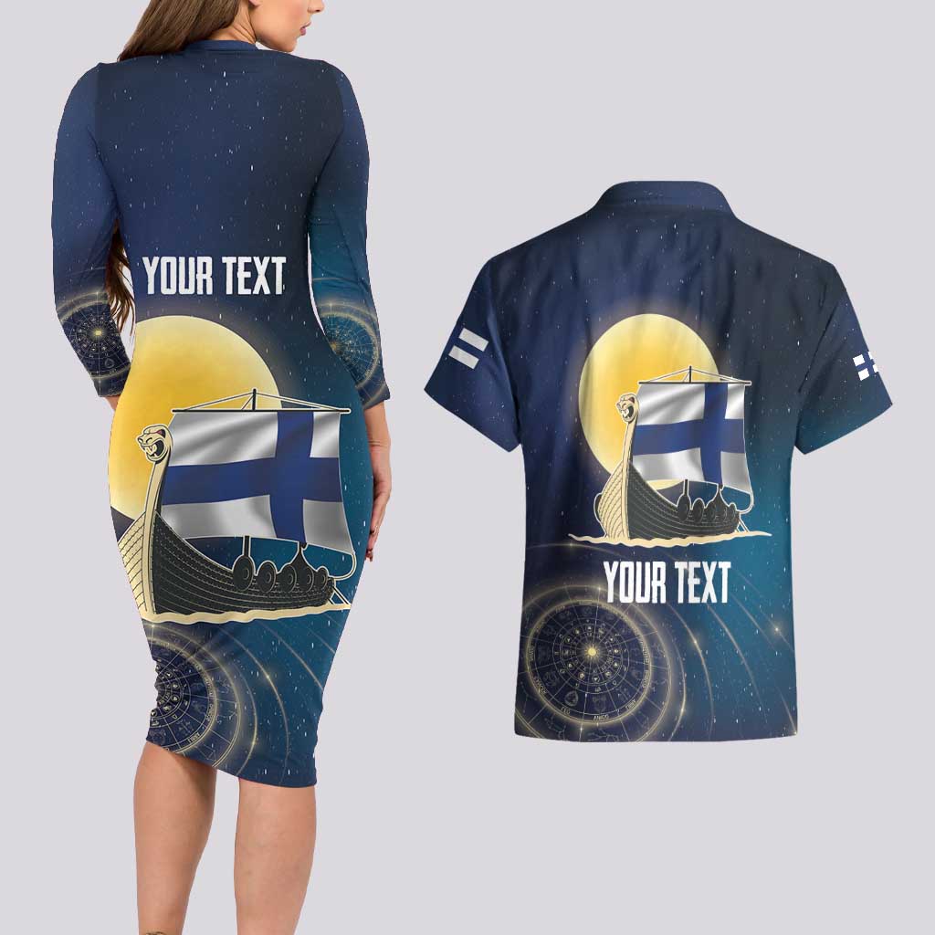 Personalized Finland Drakkar Vikings Couples Matching Long Sleeve Bodycon Dress and Hawaiian Shirt Longships with Vegvisir