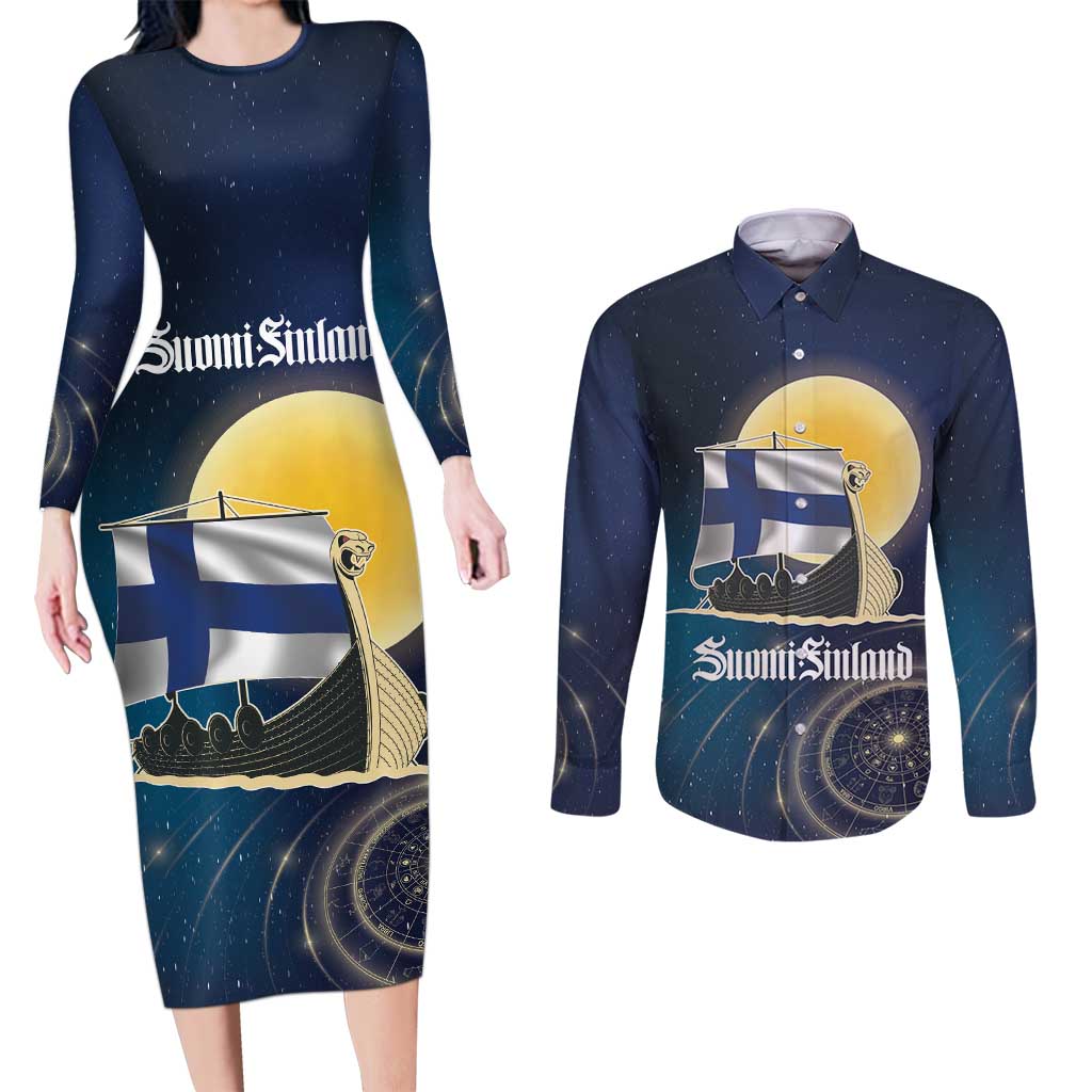Personalized Finland Drakkar Vikings Couples Matching Long Sleeve Bodycon Dress and Long Sleeve Button Shirt Longships with Vegvisir