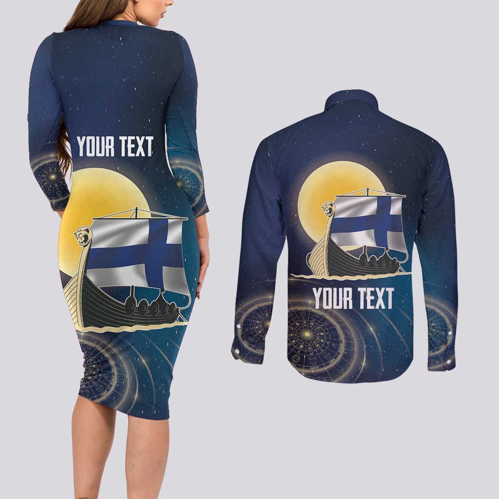 Personalized Finland Drakkar Vikings Couples Matching Long Sleeve Bodycon Dress and Long Sleeve Button Shirt Longships with Vegvisir
