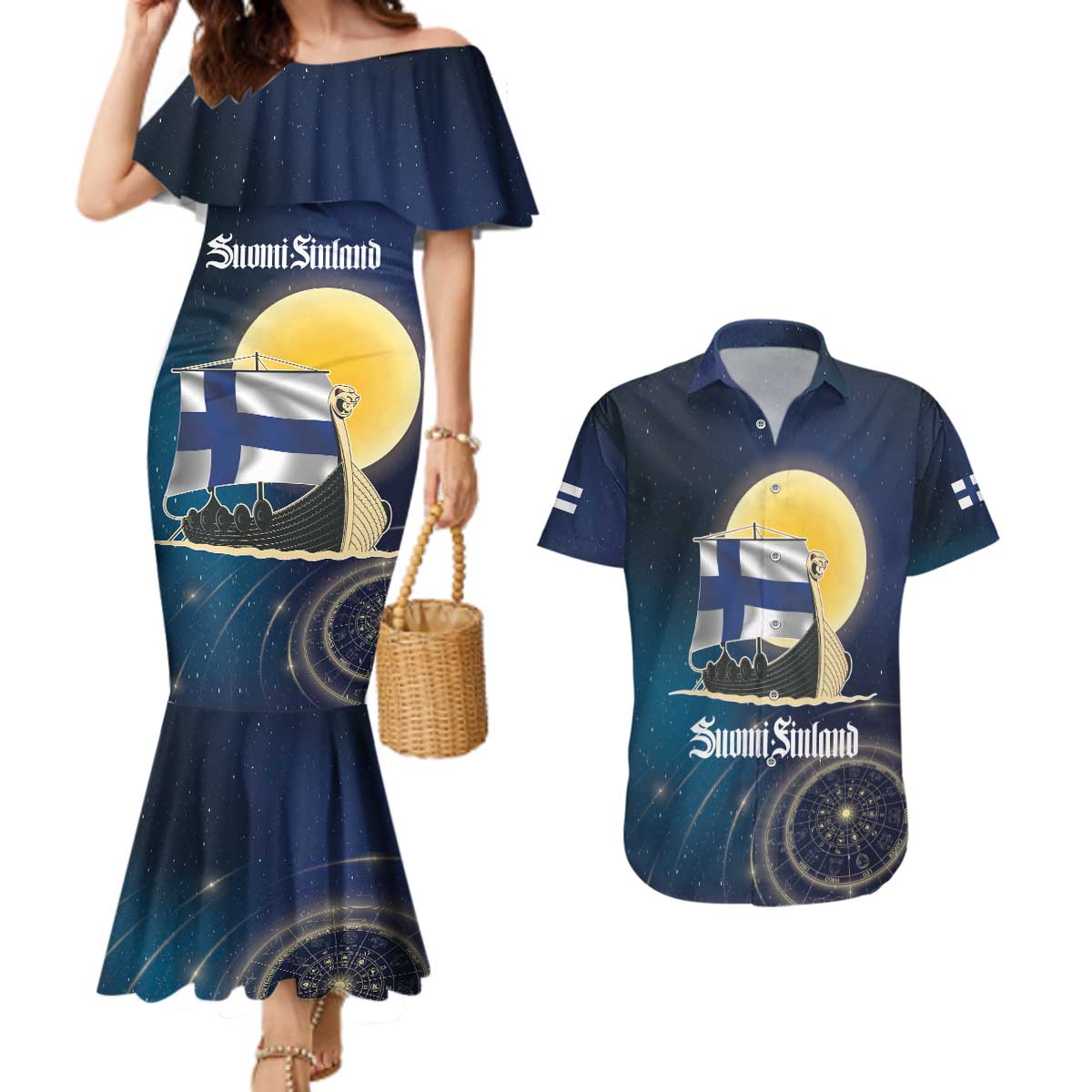Personalized Finland Drakkar Vikings Couples Matching Mermaid Dress and Hawaiian Shirt Longships with Vegvisir