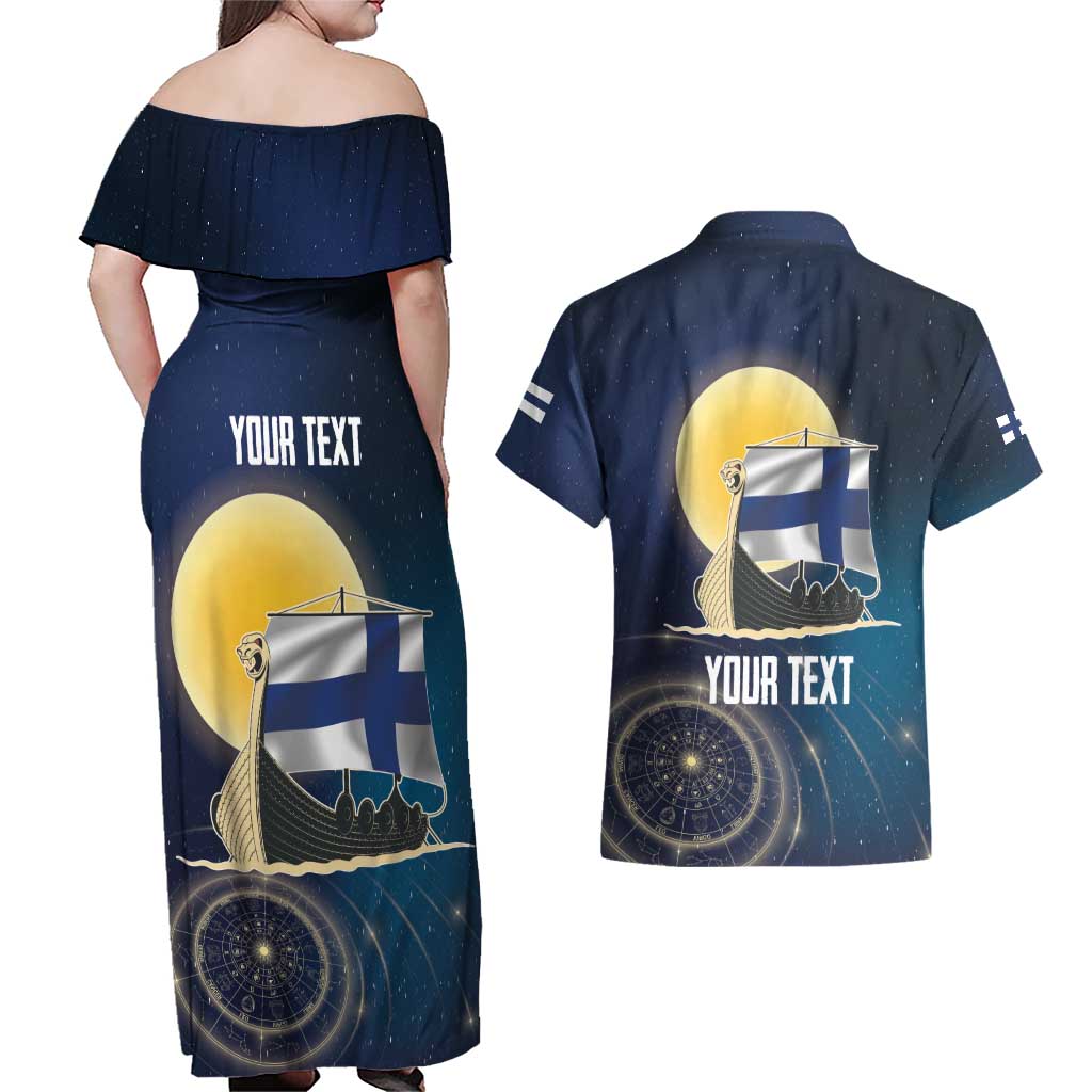Personalized Finland Drakkar Vikings Couples Matching Off Shoulder Maxi Dress and Hawaiian Shirt Longships with Vegvisir