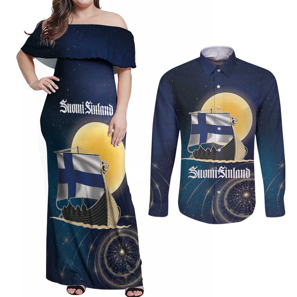 Personalized Finland Drakkar Vikings Couples Matching Off Shoulder Maxi Dress and Long Sleeve Button Shirt Longships with Vegvisir