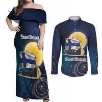 Personalized Finland Drakkar Vikings Couples Matching Off Shoulder Maxi Dress and Long Sleeve Button Shirt Longships with Vegvisir