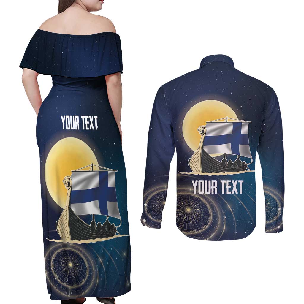 Personalized Finland Drakkar Vikings Couples Matching Off Shoulder Maxi Dress and Long Sleeve Button Shirt Longships with Vegvisir