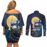 Personalized Finland Drakkar Vikings Couples Matching Off Shoulder Short Dress and Long Sleeve Button Shirt Longships with Vegvisir