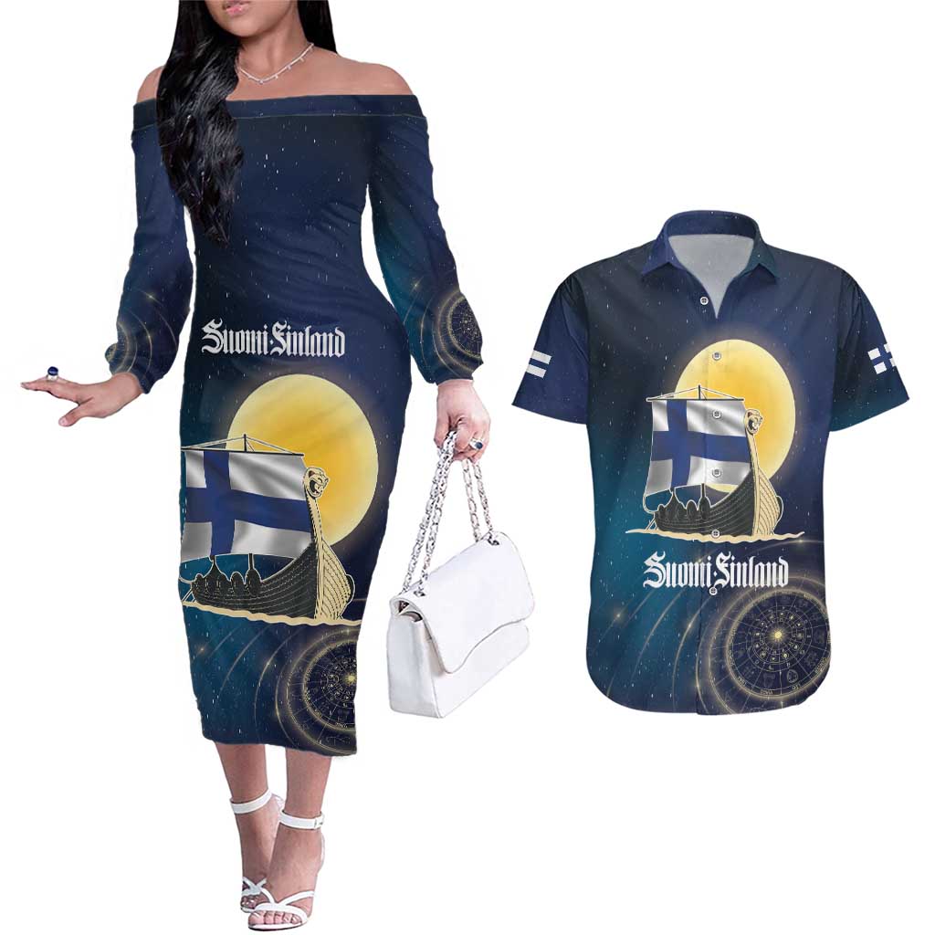 Personalized Finland Drakkar Vikings Couples Matching Off The Shoulder Long Sleeve Dress and Hawaiian Shirt Longships with Vegvisir