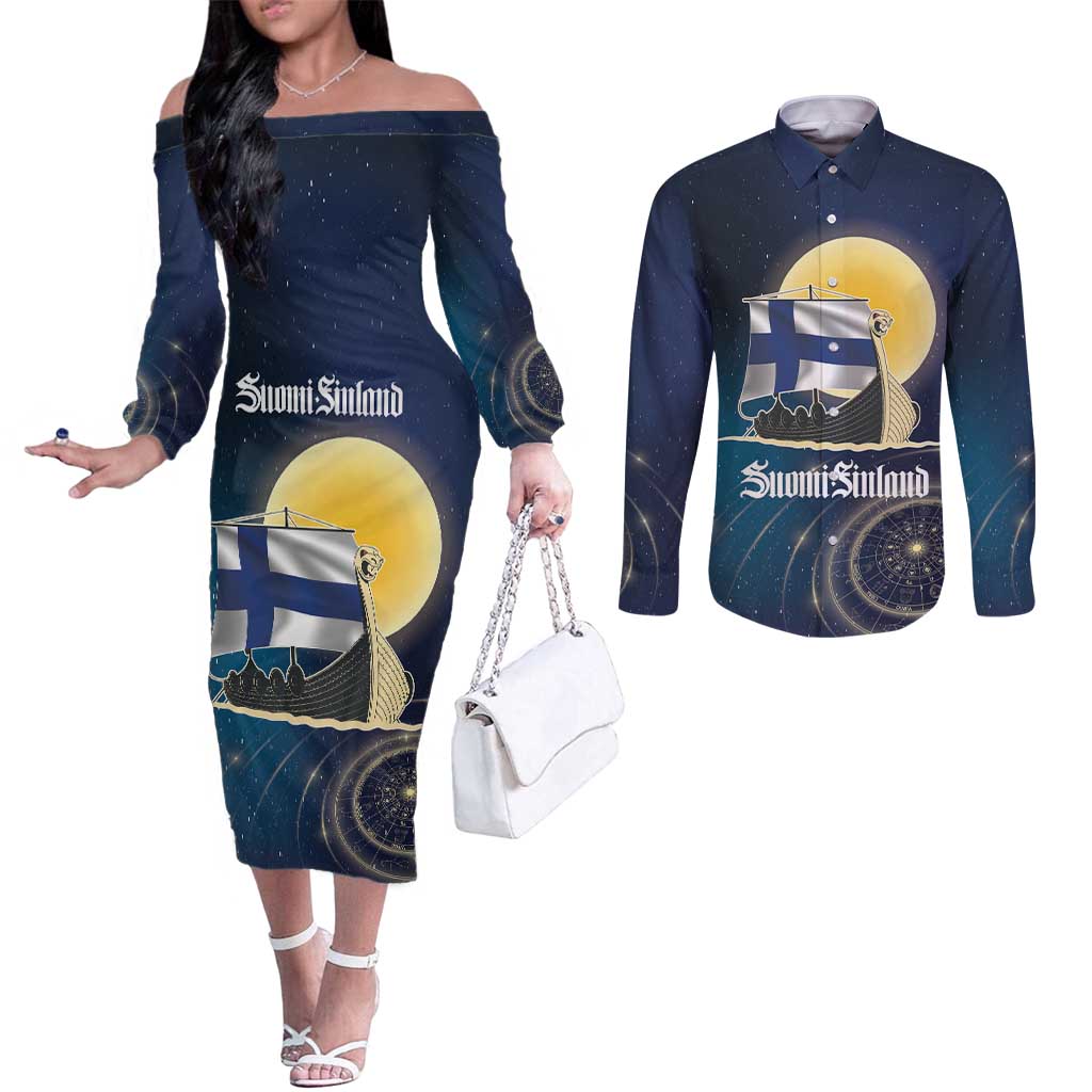 Personalized Finland Drakkar Vikings Couples Matching Off The Shoulder Long Sleeve Dress and Long Sleeve Button Shirt Longships with Vegvisir