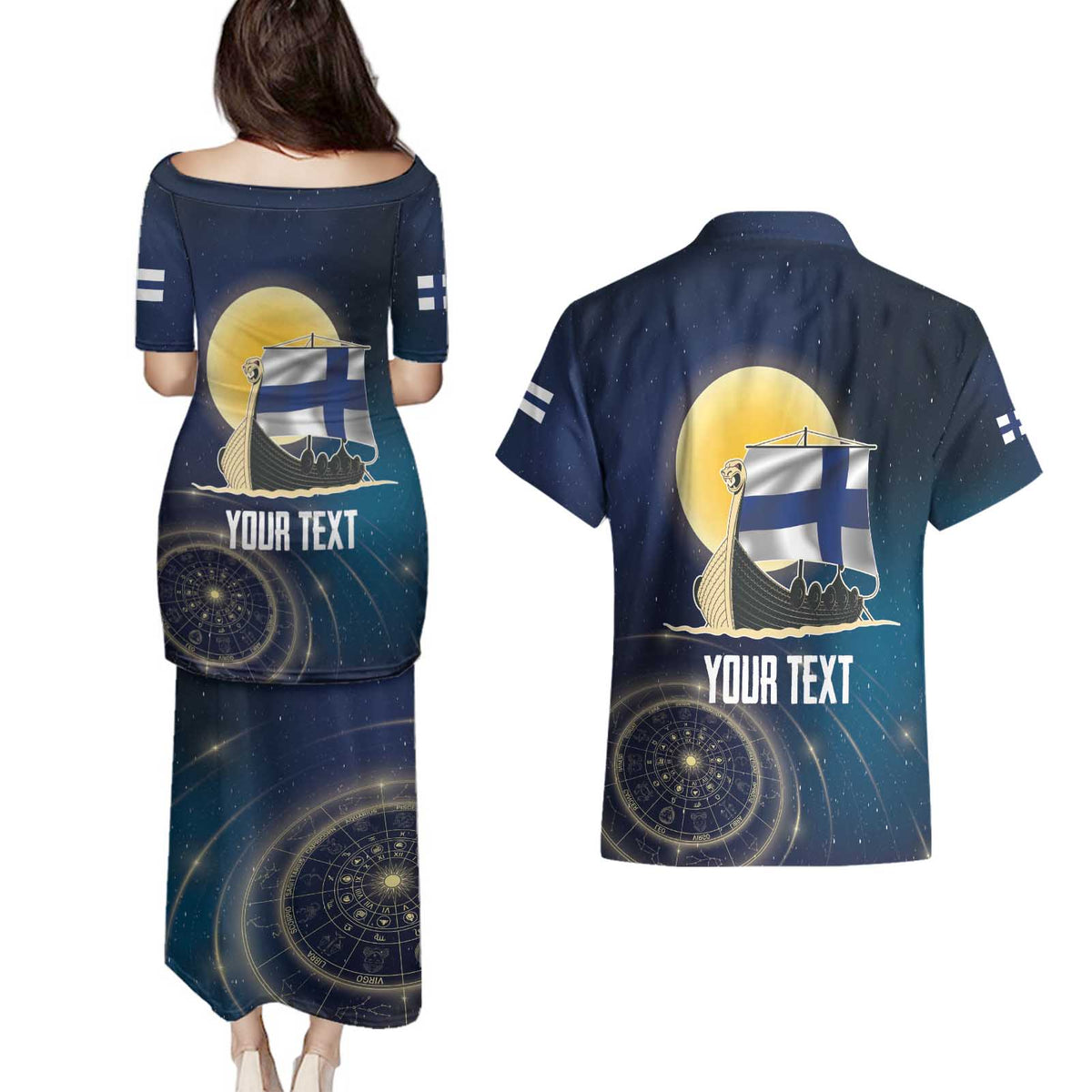 Personalized Finland Drakkar Vikings Couples Matching Puletasi and Hawaiian Shirt Longships with Vegvisir