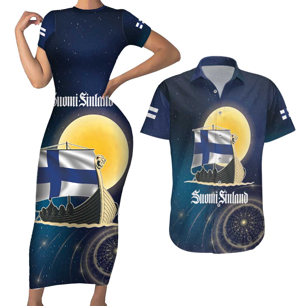 Personalized Finland Drakkar Vikings Couples Matching Short Sleeve Bodycon Dress and Hawaiian Shirt Longships with Vegvisir