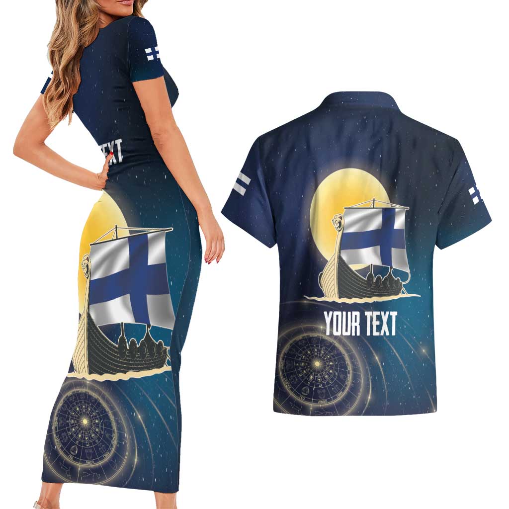 Personalized Finland Drakkar Vikings Couples Matching Short Sleeve Bodycon Dress and Hawaiian Shirt Longships with Vegvisir