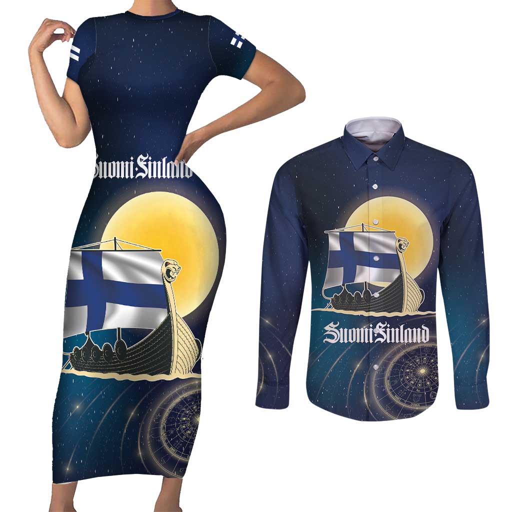 Personalized Finland Drakkar Vikings Couples Matching Short Sleeve Bodycon Dress and Long Sleeve Button Shirt Longships with Vegvisir