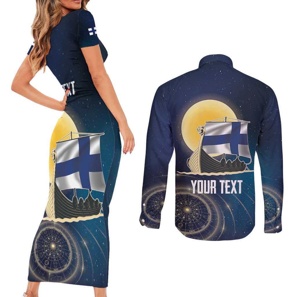 Personalized Finland Drakkar Vikings Couples Matching Short Sleeve Bodycon Dress and Long Sleeve Button Shirt Longships with Vegvisir