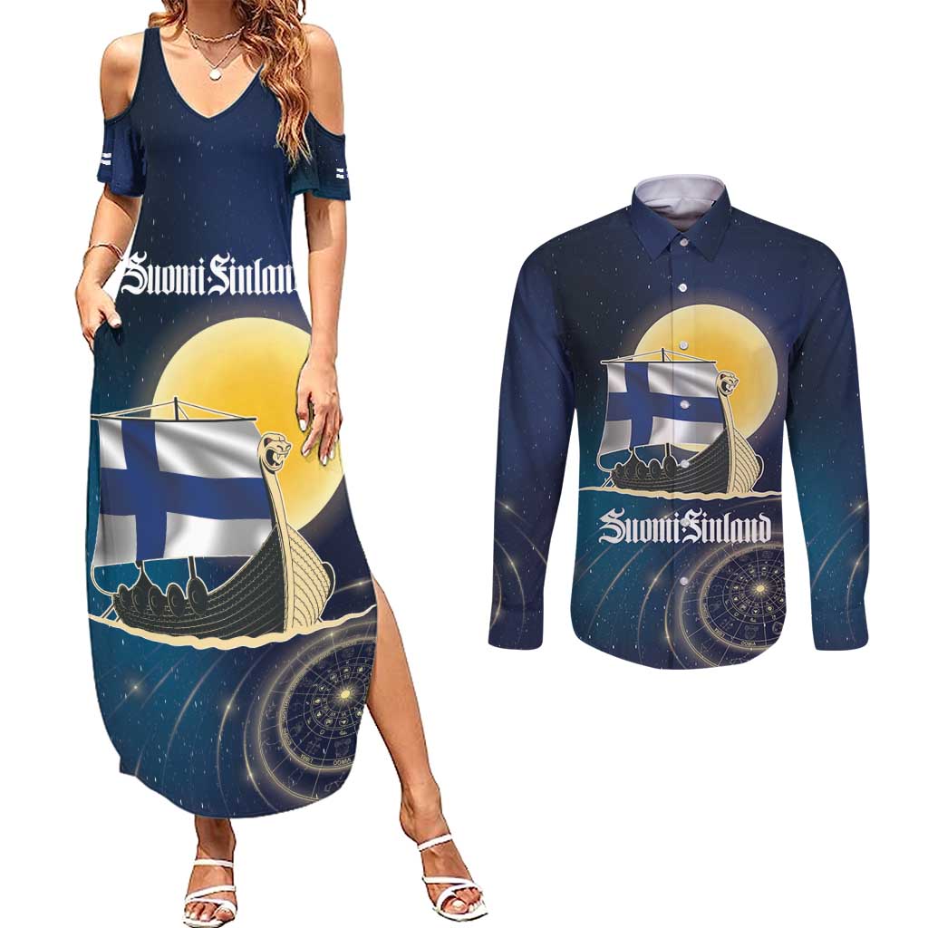Personalized Finland Drakkar Vikings Couples Matching Summer Maxi Dress and Long Sleeve Button Shirt Longships with Vegvisir