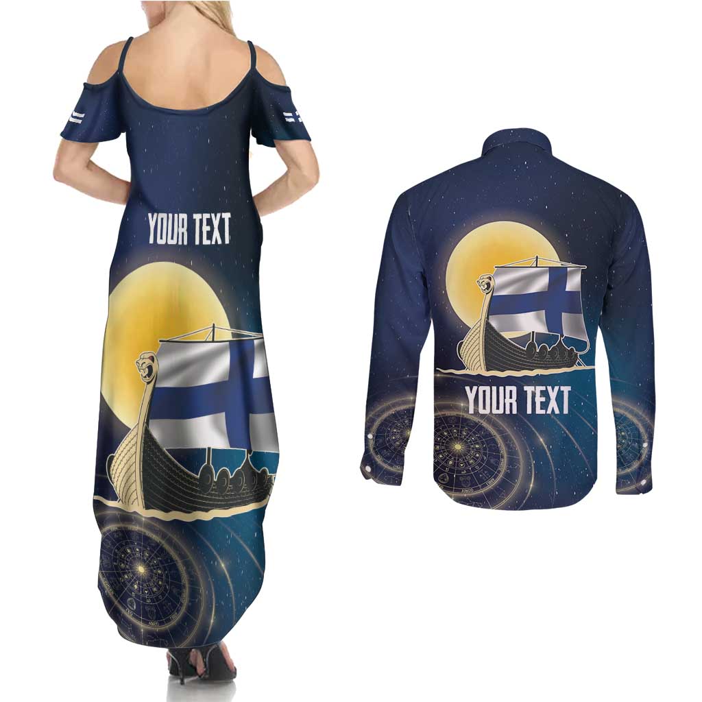 Personalized Finland Drakkar Vikings Couples Matching Summer Maxi Dress and Long Sleeve Button Shirt Longships with Vegvisir