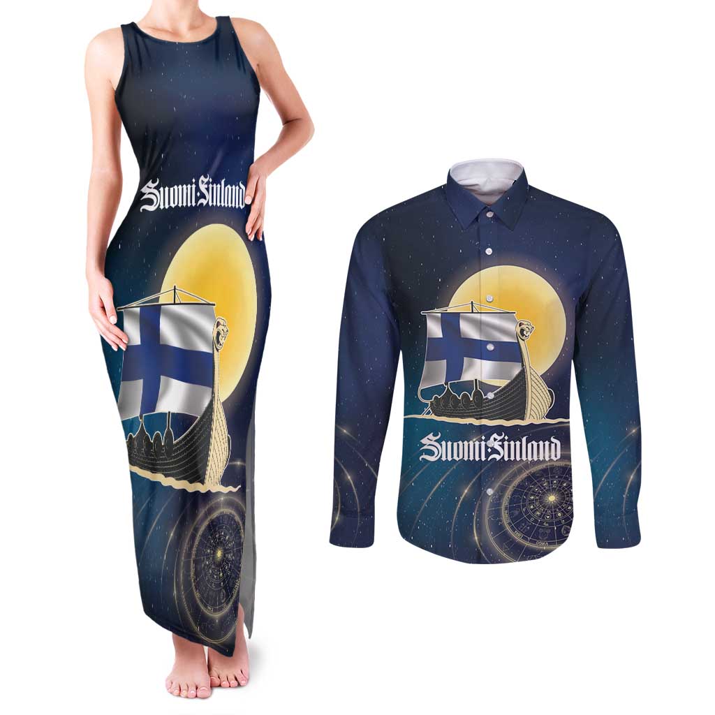 Personalized Finland Drakkar Vikings Couples Matching Tank Maxi Dress and Long Sleeve Button Shirt Longships with Vegvisir