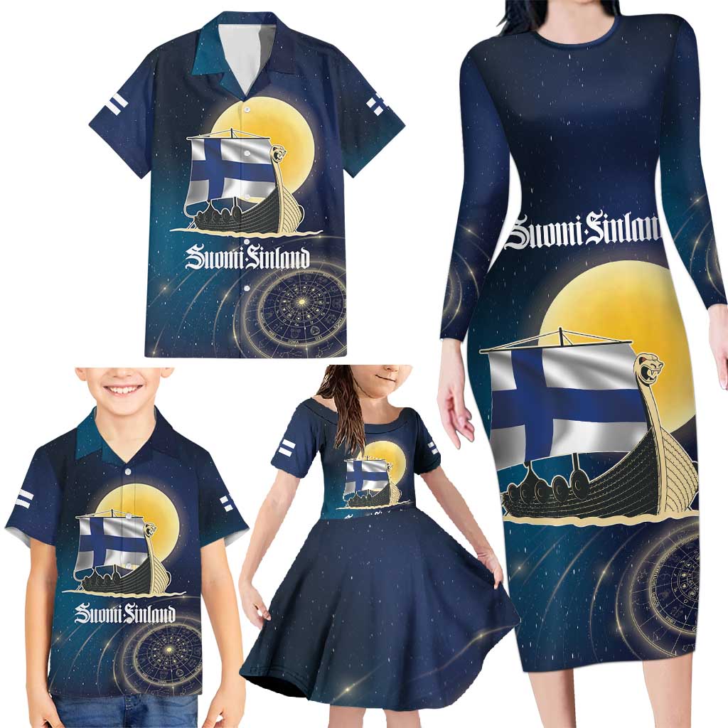 Personalized Finland Drakkar Vikings Family Matching Long Sleeve Bodycon Dress and Hawaiian Shirt Longships with Vegvisir