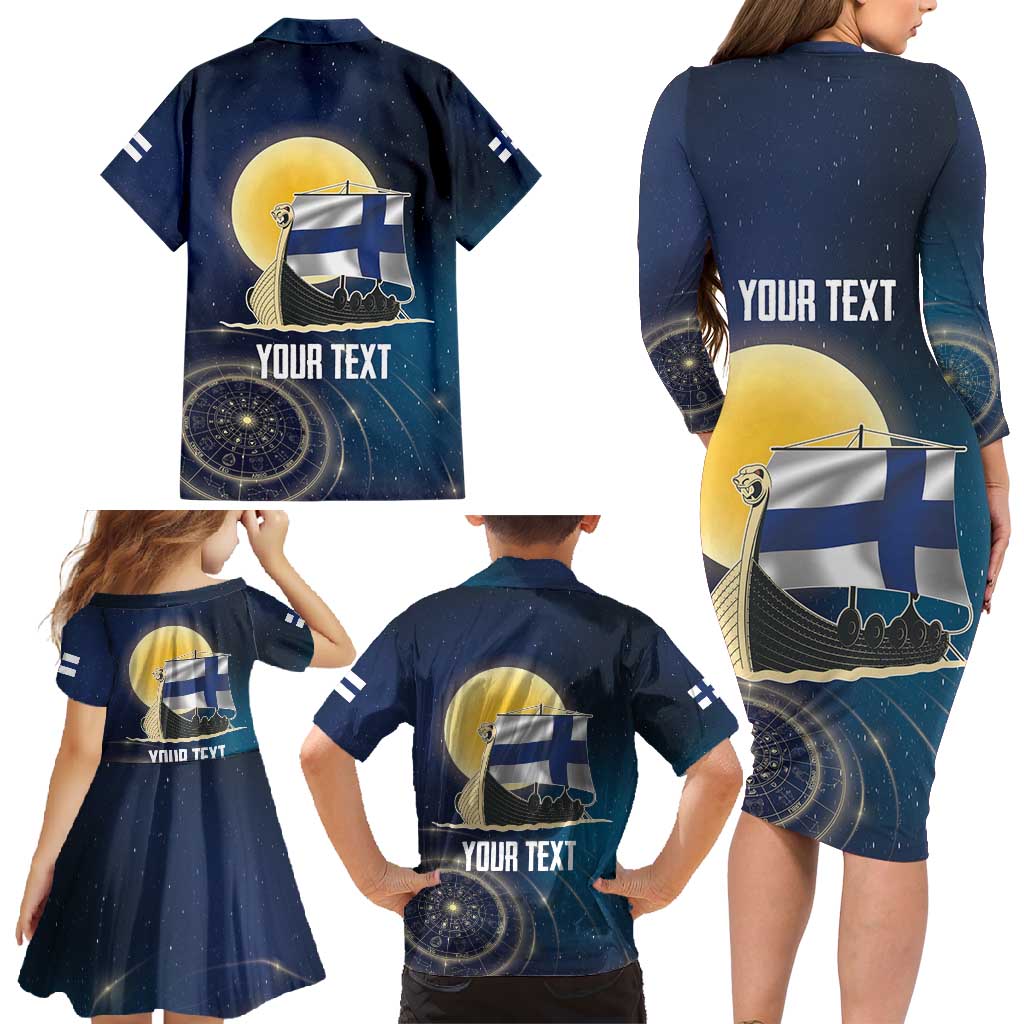 Personalized Finland Drakkar Vikings Family Matching Long Sleeve Bodycon Dress and Hawaiian Shirt Longships with Vegvisir