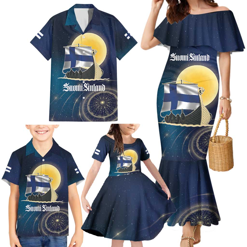 Personalized Finland Drakkar Vikings Family Matching Mermaid Dress and Hawaiian Shirt Longships with Vegvisir