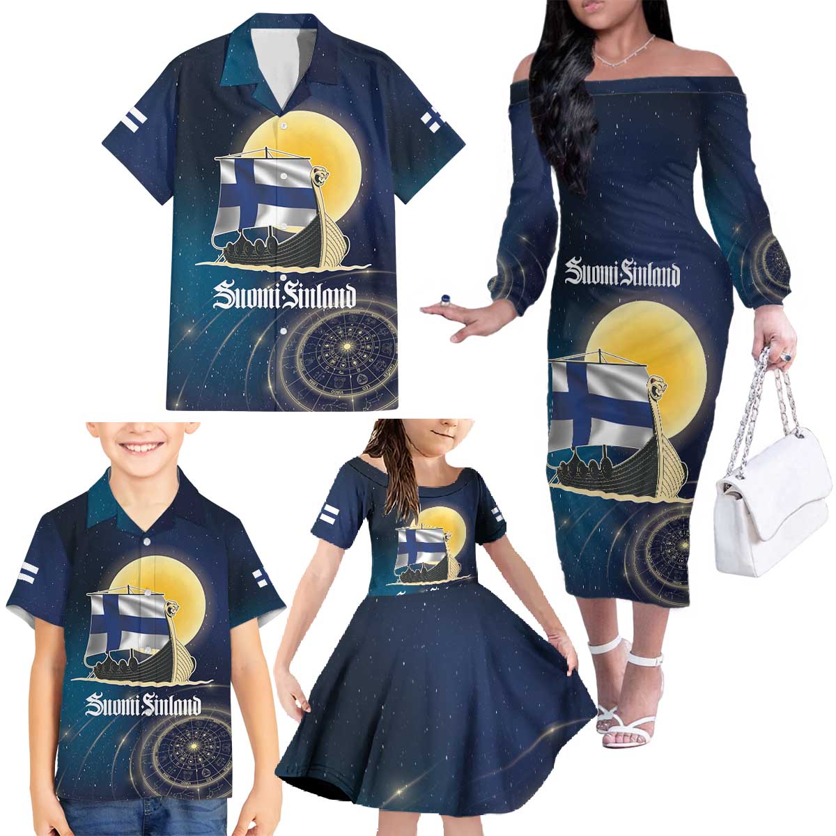 Personalized Finland Drakkar Vikings Family Matching Off The Shoulder Long Sleeve Dress and Hawaiian Shirt Longships with Vegvisir