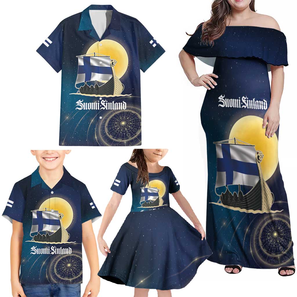 Personalized Finland Drakkar Vikings Family Matching Off Shoulder Maxi Dress and Hawaiian Shirt Longships with Vegvisir