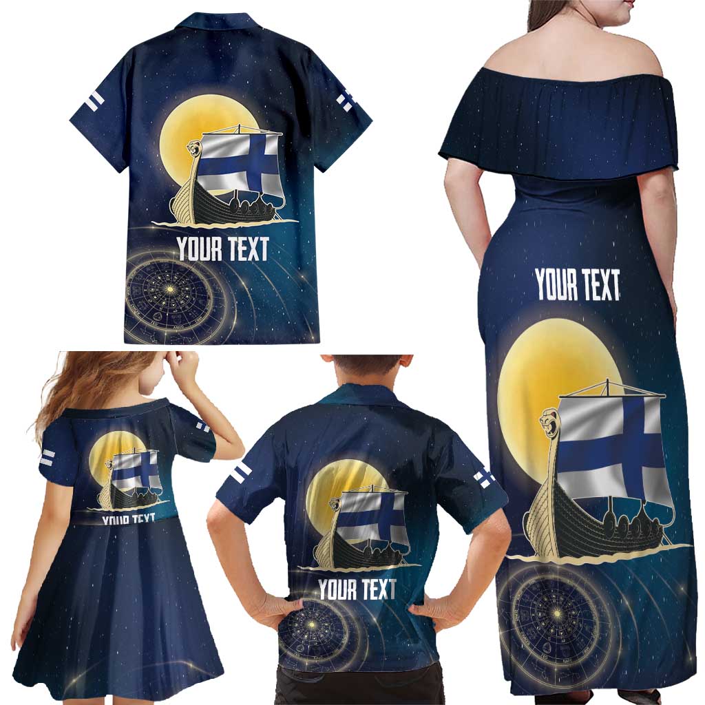 Personalized Finland Drakkar Vikings Family Matching Off Shoulder Maxi Dress and Hawaiian Shirt Longships with Vegvisir