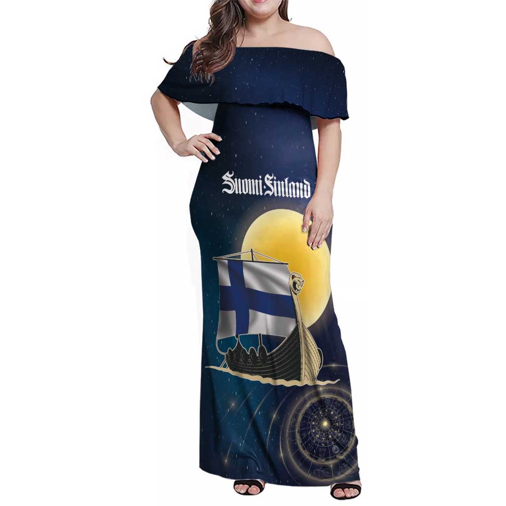 Personalized Finland Drakkar Vikings Family Matching Off Shoulder Maxi Dress and Hawaiian Shirt Longships with Vegvisir