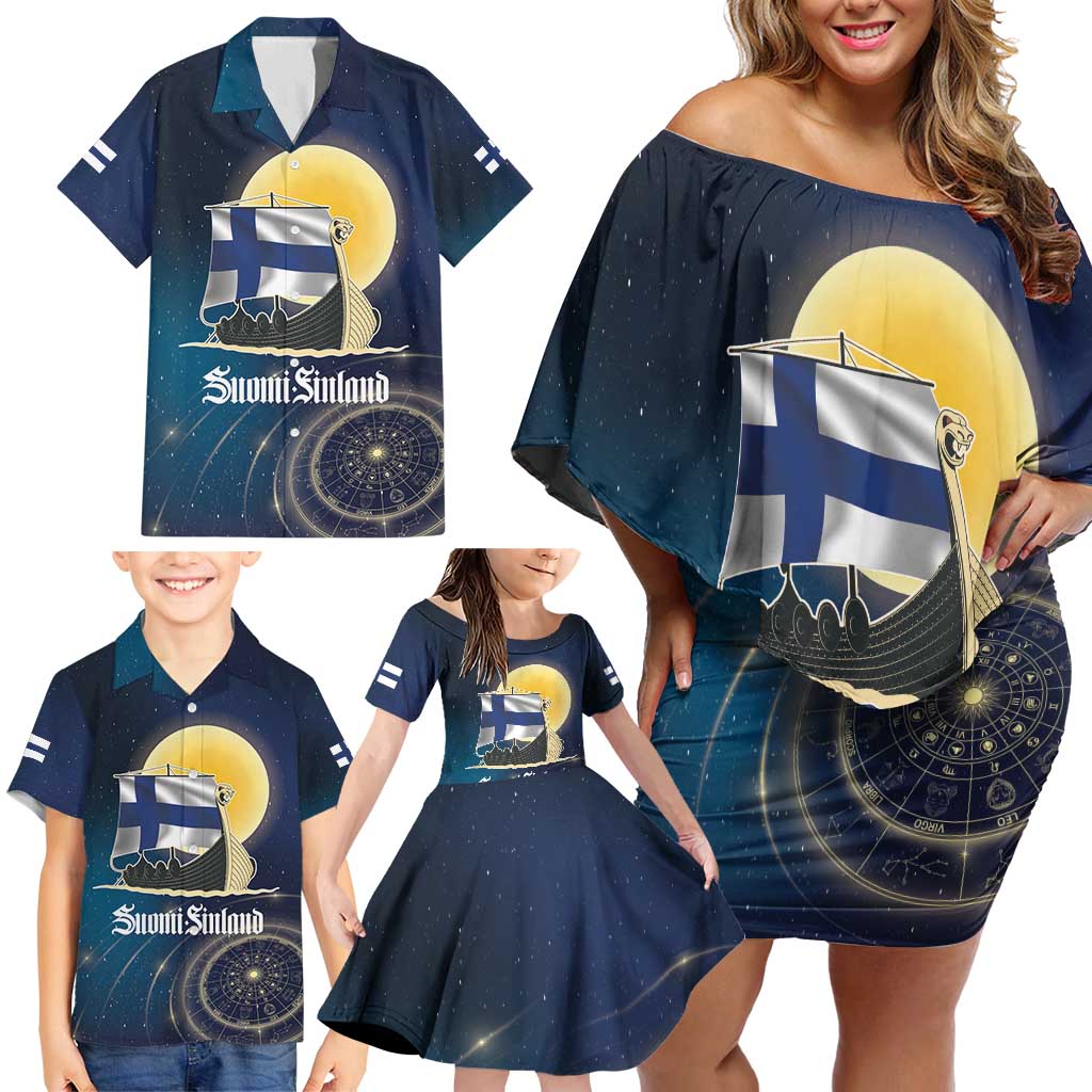 Personalized Finland Drakkar Vikings Family Matching Off Shoulder Short Dress and Hawaiian Shirt Longships with Vegvisir
