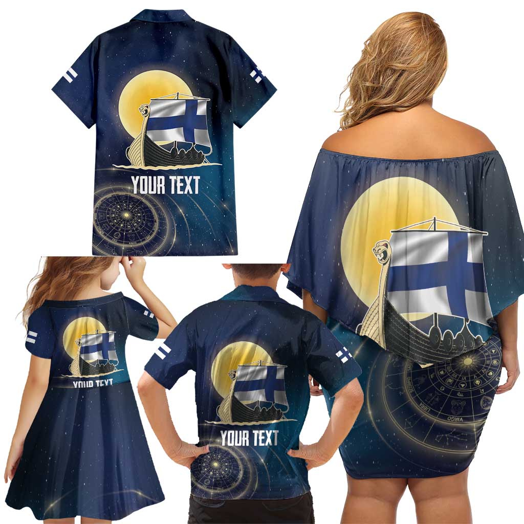 Personalized Finland Drakkar Vikings Family Matching Off Shoulder Short Dress and Hawaiian Shirt Longships with Vegvisir