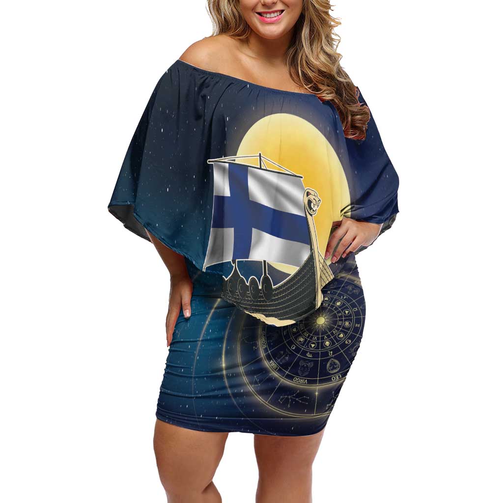 Personalized Finland Drakkar Vikings Family Matching Off Shoulder Short Dress and Hawaiian Shirt Longships with Vegvisir