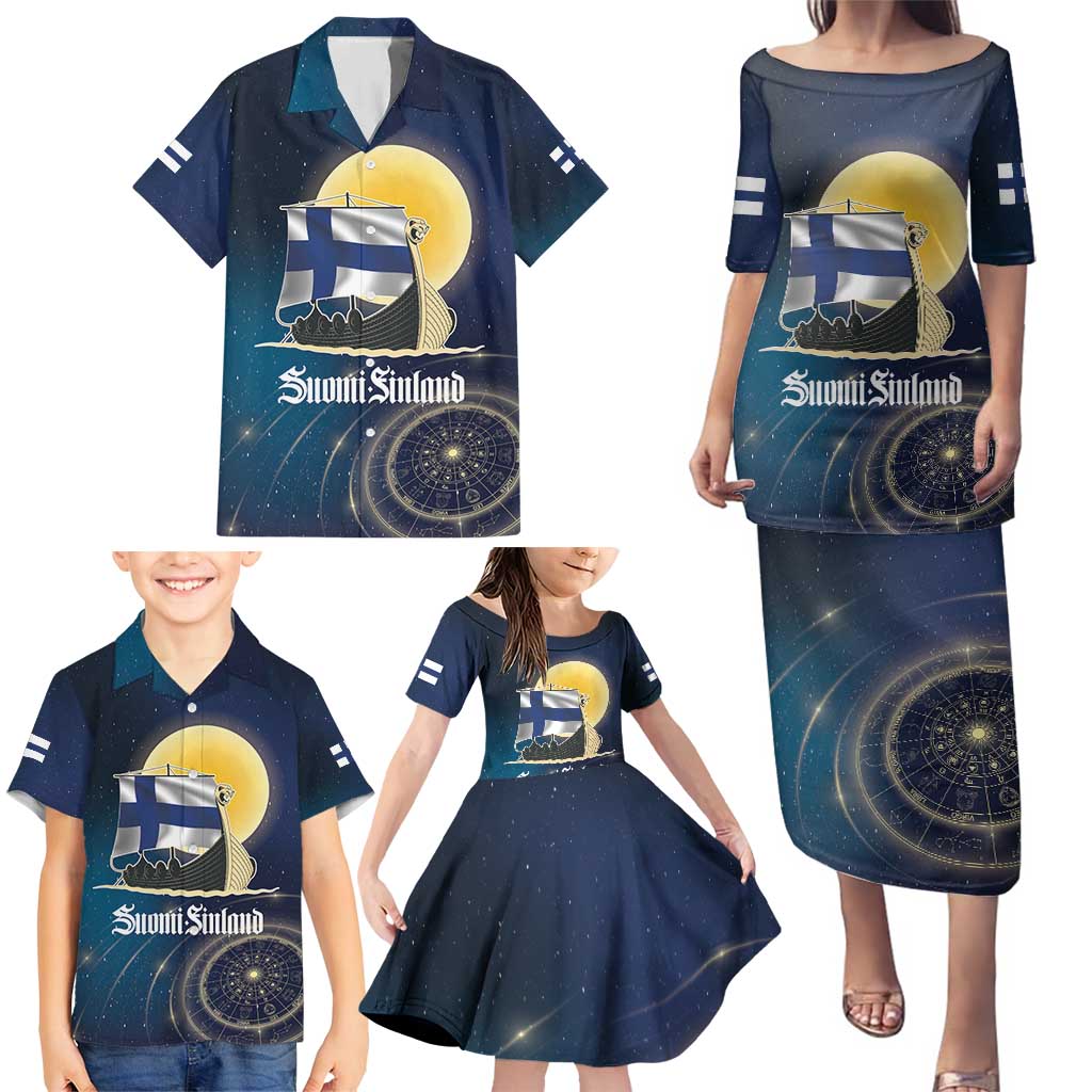 Personalized Finland Drakkar Vikings Family Matching Puletasi and Hawaiian Shirt Longships with Vegvisir