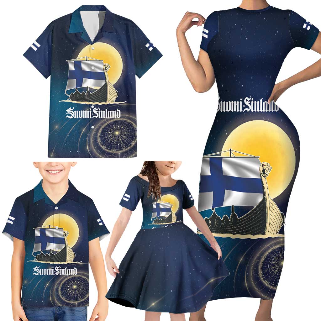 Personalized Finland Drakkar Vikings Family Matching Short Sleeve Bodycon Dress and Hawaiian Shirt Longships with Vegvisir