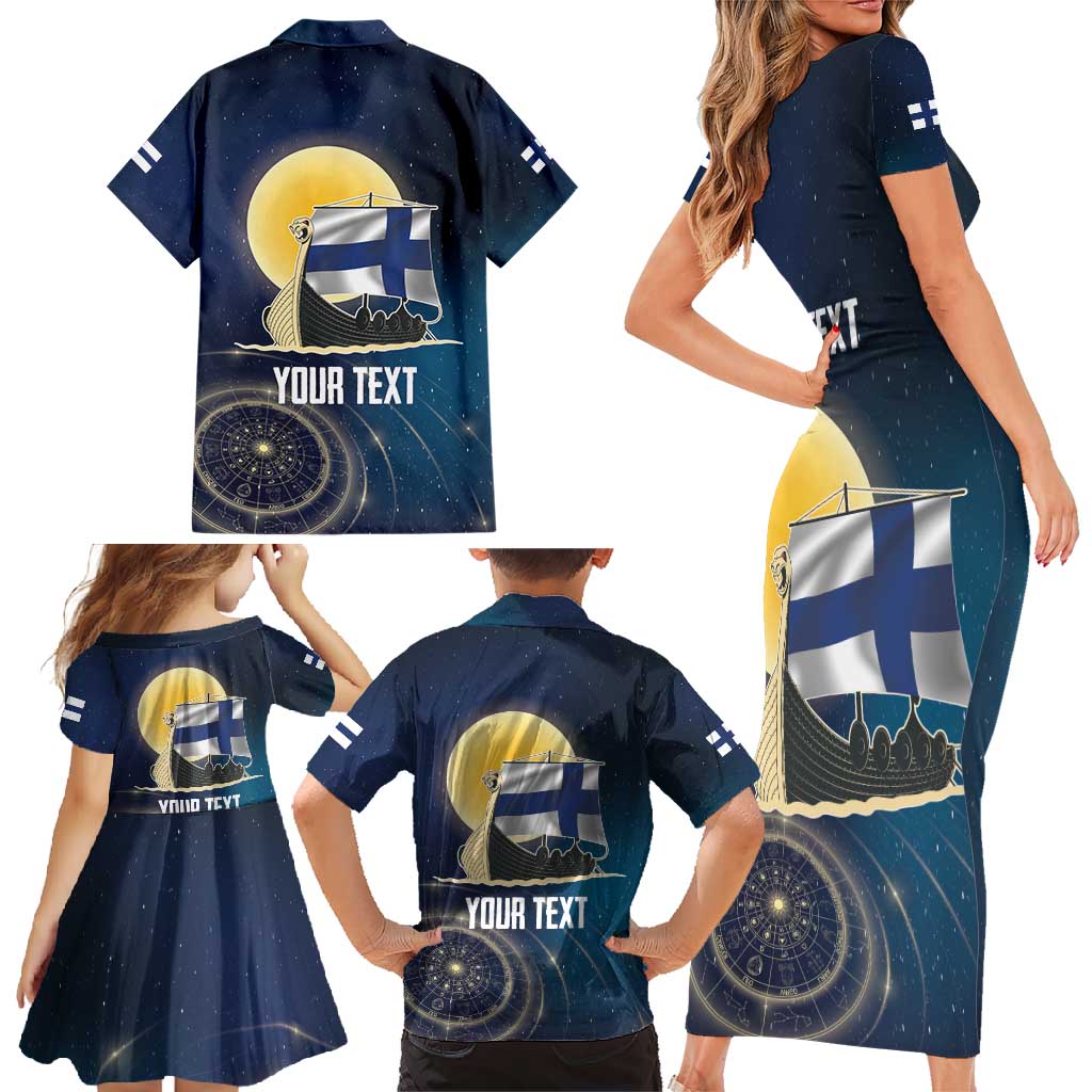 Personalized Finland Drakkar Vikings Family Matching Short Sleeve Bodycon Dress and Hawaiian Shirt Longships with Vegvisir
